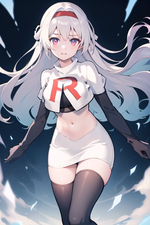 1girl, firefly \(honkai: star rail\), solo, hairband, hair ornament, cowboy shot, floating hair,  depth of field, team rocket,team rocket uniform,white skirt,red letter R,crop top,black thigh-highs,black elbow gloves