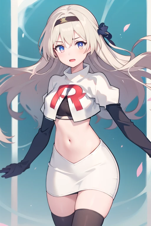 1girl, firefly \(honkai: star rail\), solo, hairband, hair ornament, cowboy shot, floating hair, depth of field, team rocket,team rocket uniform,white skirt,red letter R,crop top,black thigh-highs,black elbow gloves