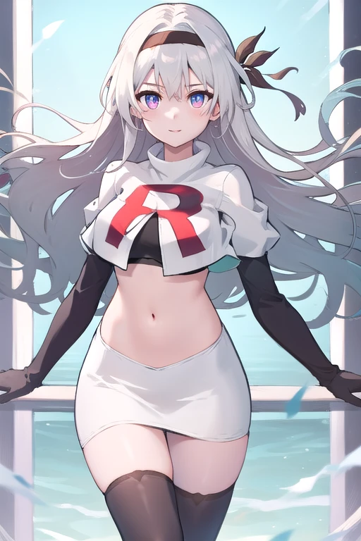 1girl, firefly \(honkai: star rail\), solo, hairband, hair ornament, cowboy shot, floating hair,  depth of field, team rocket,team rocket uniform,white skirt,red letter R,crop top,black thigh-highs,black elbow gloves