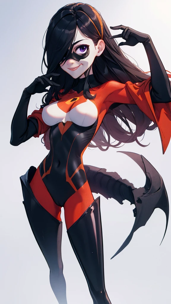 masterpiece, highest quality, One girl, Violet Par, mask, Long Hair, Black Hair,  Hair on one eye,  (Hero Suit)，Bodysuits，Thick thighs，View your viewers, smile, Simple Background 