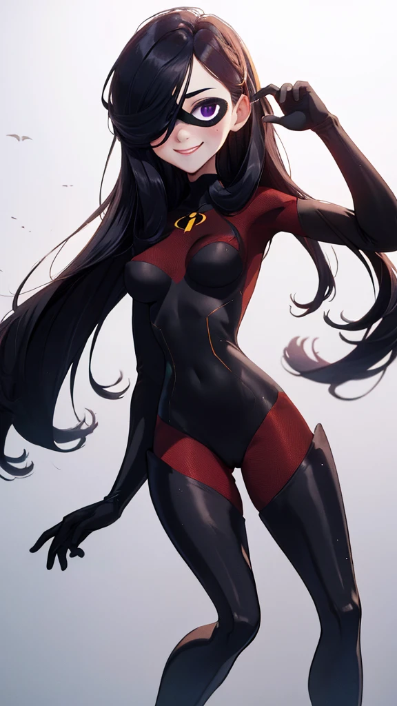 masterpiece, highest quality, One girl, Violet Par, mask, Long Hair, Black Hair,  Hair on one eye,  (Hero Suit)，Bodysuits，Thick thighs，View your viewers, smile, Simple Background 