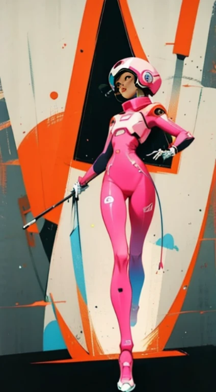 (ultra detailed,ultra high res,detailed background),((2D)),((flat color)),((muted color)),((floating neon)),1girl,solo,looking at viewer, BREAK, spray paint, graffiti, girl in a floral print space suit wearing her helmet, plush tartan scarf, full body image