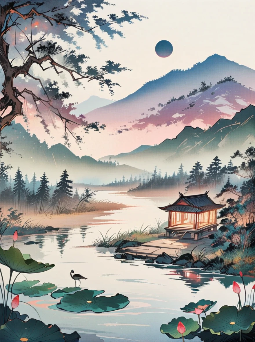 Zen,Lotus flowers in water,There are lush pine trees on both sides,The lake is sparkling,A new moon,Continuous mountains in the distance,Blurred texture,elegant,Neat,grand scene,Three-dimensional,Bioluminescence,transparent,Smooth lines,Colorful light and shadow,Romantic ancient style,4k,HD
