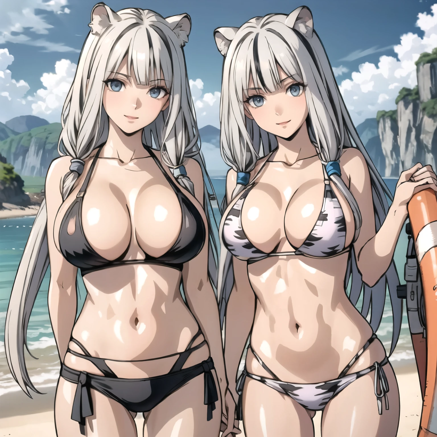 pechos enormes. orejas de tigre blanco, atla. mujer ciega con sus ojos cerrados, orejas de tigre blanco, cabello blanco rayado, sonrisa traviesa mostrando los dientes, pechos grandes bikini negro y blanco. fondo una playa. . cuerpo completo. manos perfectas. pechos grandes.