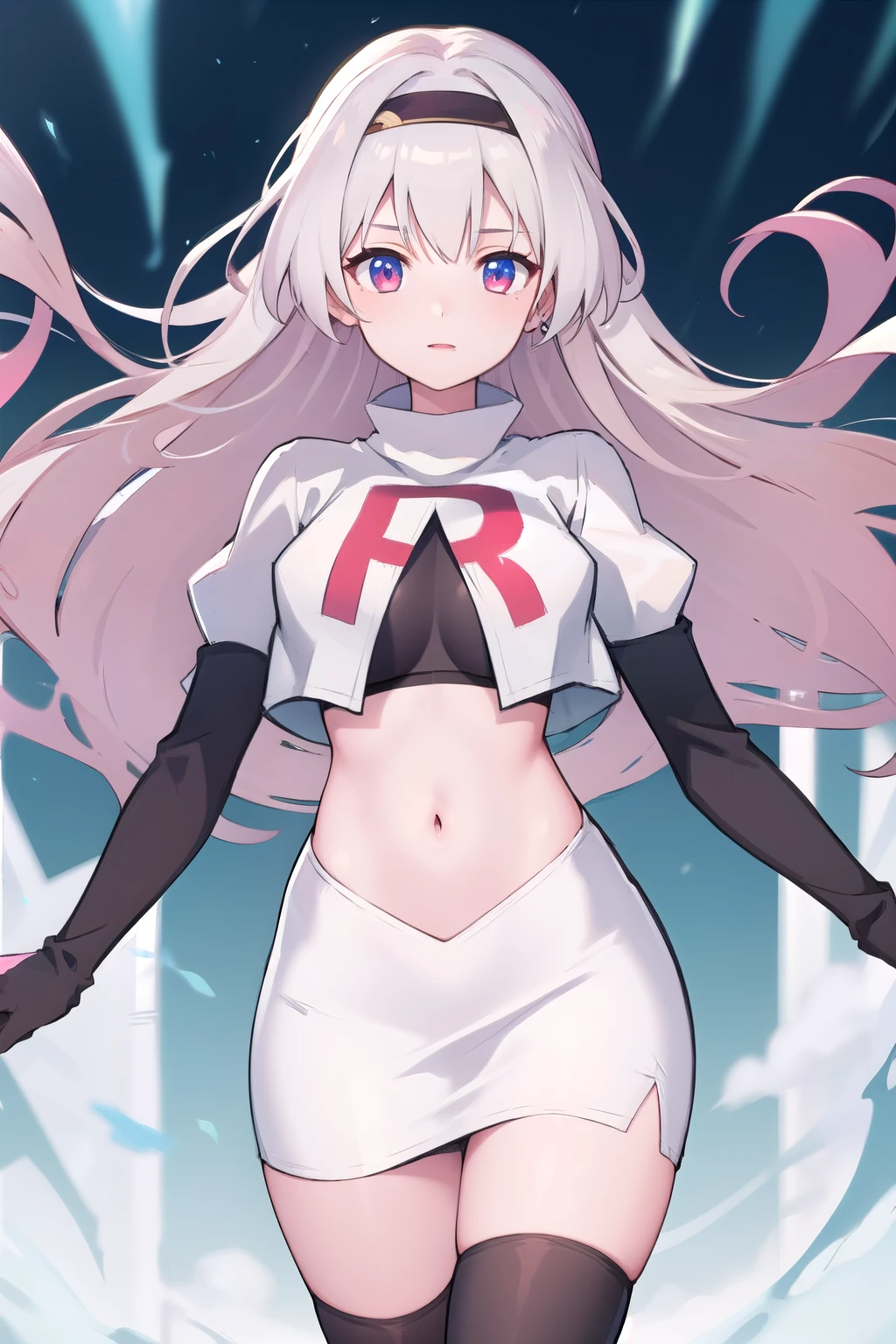 1girl, firefly \(honkai: star rail\), solo, hairband, hair ornament, cowboy shot, floating hair,  depth of field, team rocket,team rocket uniform,white skirt,red letter R,crop top,black thigh-highs,black elbow gloves