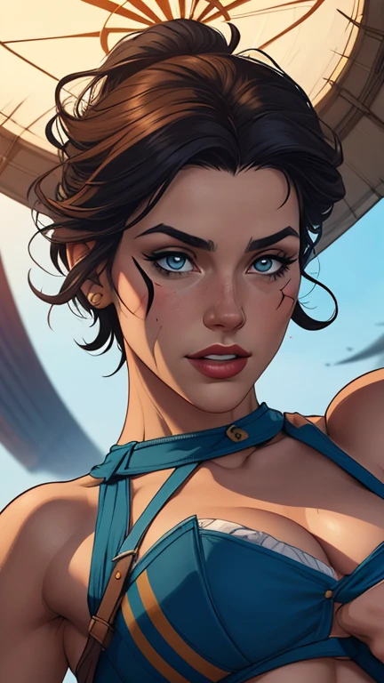 Jeday style warrior female character armed with a .38 revolver Western style atompunk Fallout 4 Jennifer Connelly le with war scars Cartoon image of a woman .Ilustra??o estilo desenho animado, estilo de arte dos desenhos animados, estilo de arte dos desenhos animados, digital illustration style, estilo atompunk design de personagens altamente detalhado, arte digital detalhada coragem, Forest fan art, Design de personagens de retrato, beautiful digital illustration, retrato de alta qualidade, Arte em quadrinhos, mulher jovem cabelo com transas lindas . Queen Anna of ArendelleBeautiful lined eyes Medium large bust and wonderful sexy clothes. image expression of sexual desire from waist to head illustration Queen Anne of Arendelle atompunk style Fallout 4 The perspective is from below, enfatizando a majestade e o poder da Gigante." armed with a 38 western style revolver with a 38 revolver in her hands jeday style warrior in summer clothes on the beach