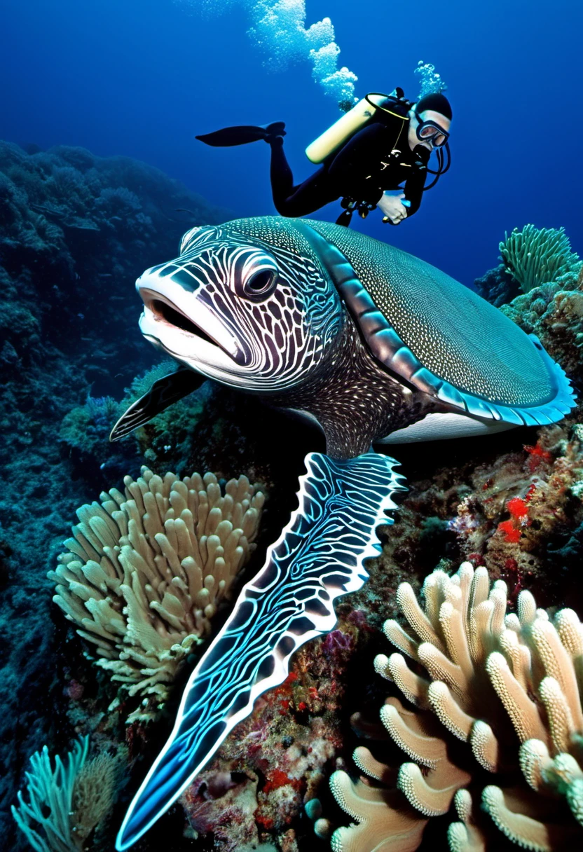 Big living creature in the deep blue sea, a diver just found it and come closer