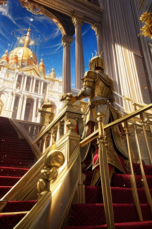 (masterpiece, best quality), roman palace adorned with gold, guards in golden armor, golden helmets with red plumes, holding golden spears and golden shields, 