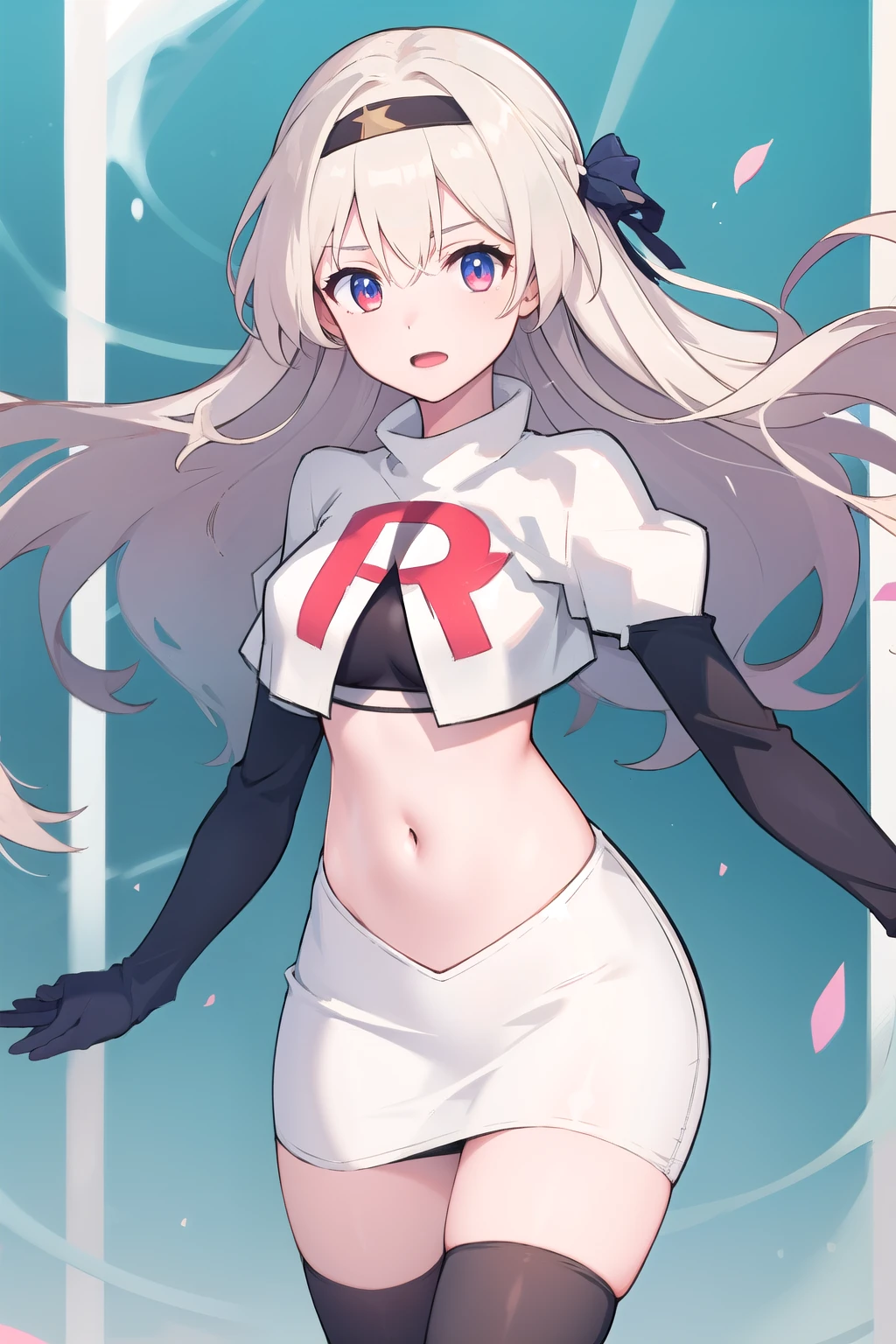 1girl, firefly \(honkai: star rail\), solo, hairband, hair ornament, cowboy shot, floating hair,  depth of field, team rocket,team rocket uniform,white skirt,red letter R,crop top,black thigh-highs,black elbow gloves