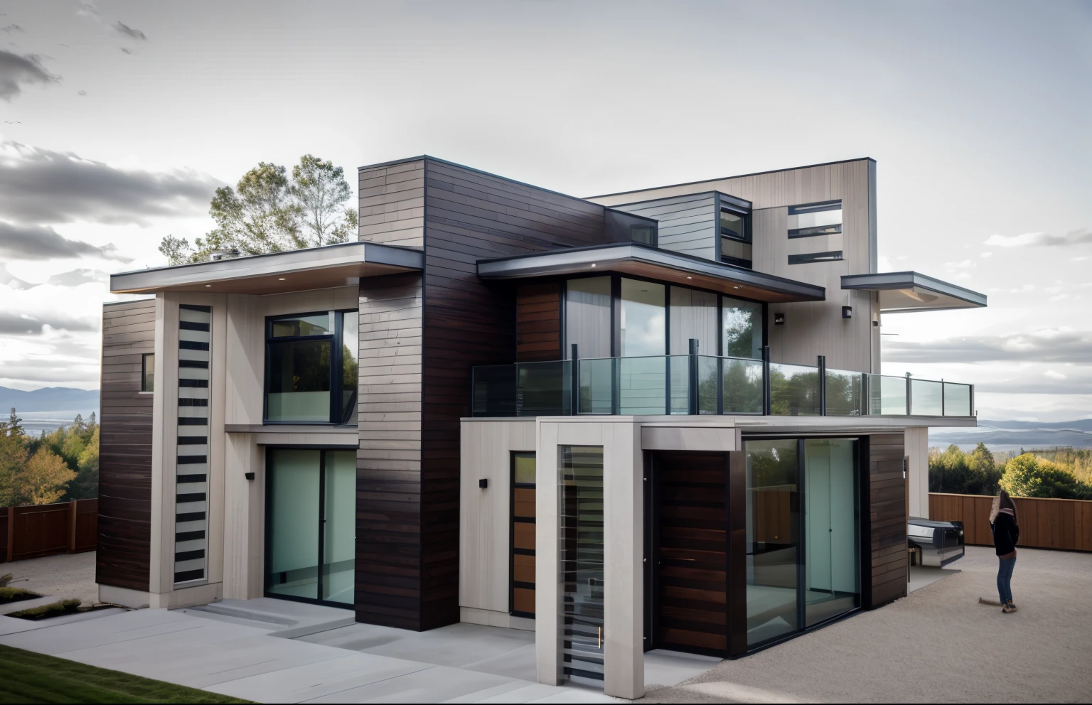 house exterior contemporary style, modernism, glass doors and windows,black metal rail, conwood ceilling, masterpiece, highquality, realistic photo, canon eos 5D mark, natural light, 