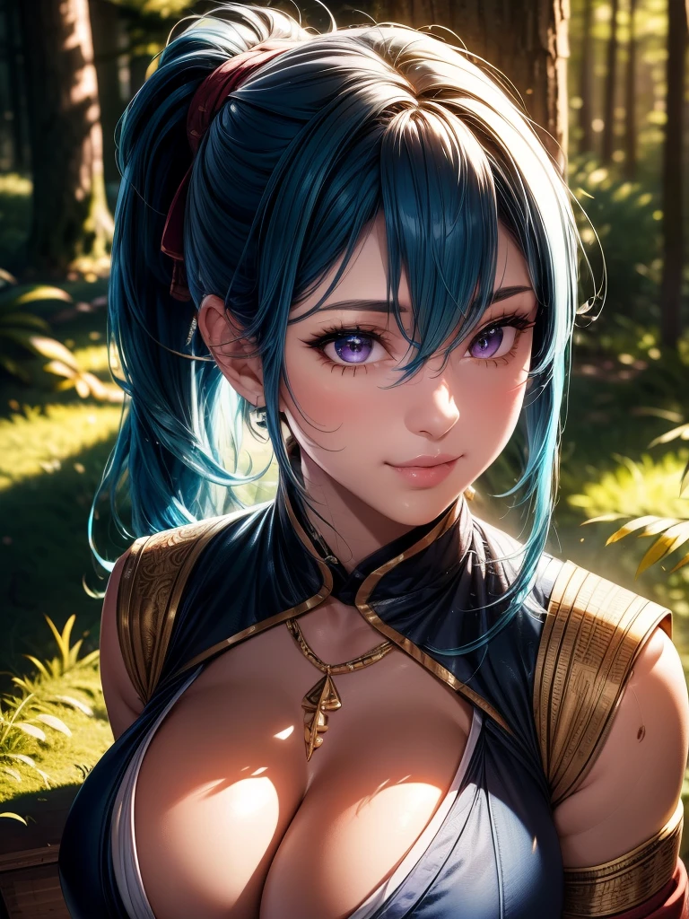 full body portrait,  glamour shot, {{{masterpiece}}}, {{{best quality}}}, {{ultra-detailed}}, {cinematic lighting}, {illustration}, {beautifuly detailed eyes}, {1girl}, extremely detailed, 1girl, solo, flirtatious pose, A beautiful shinobi warrior, blue hair in a long ponytail, wearing gold and blue clothing, warrior, playful smile, purple eyes, huge breasts, cleavage, hourglass figure, facing viewer, outdoors, woodland background, highly detailed face and clothing, slightly narrow eyes, perfect face, fair skin, hair bangs, long hair, noble beautiful, traditional Japanese clothing, shinobi woman, dynamic camera angle, from above and to the side