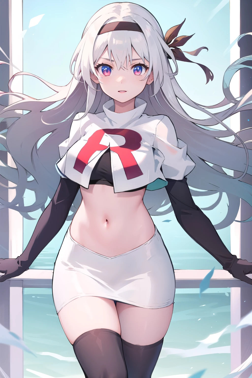 1girl, firefly \(honkai: star rail\), solo, hairband, hair ornament, cowboy shot, floating hair,  depth of field, team rocket,team rocket uniform,white skirt,red letter R,crop top,black thigh-highs,black elbow gloves