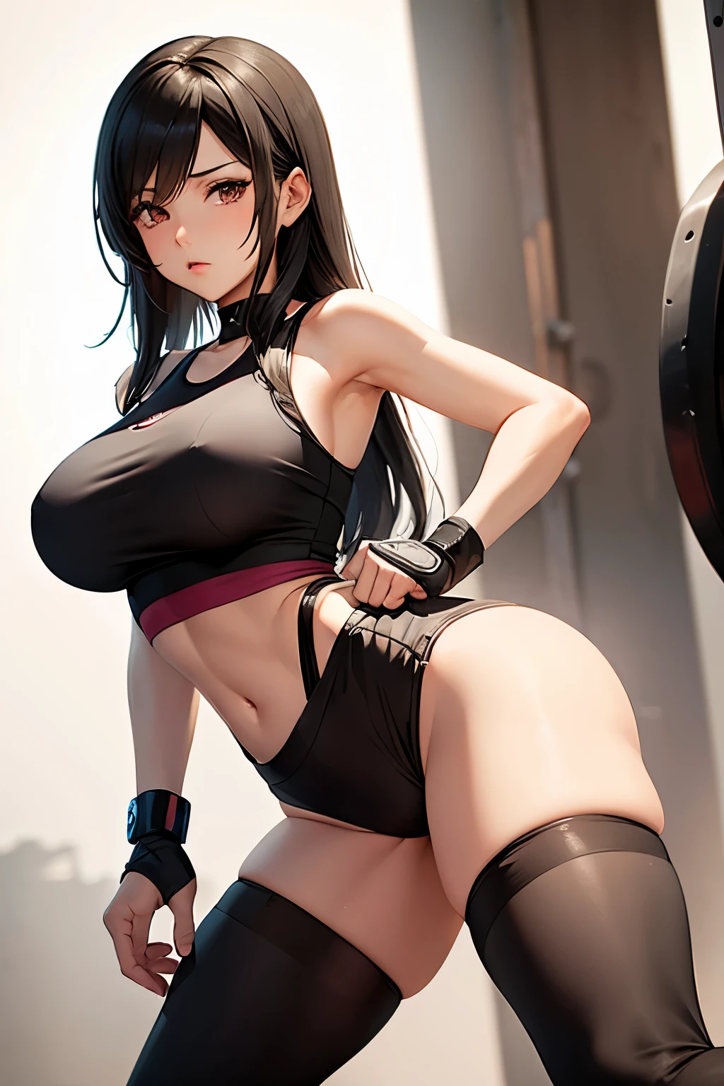 Tifa Lockhart in sexy and tight leggings, with sports clothes in the gym wiping off the sweat, High Resulution, UHD, detailed image.