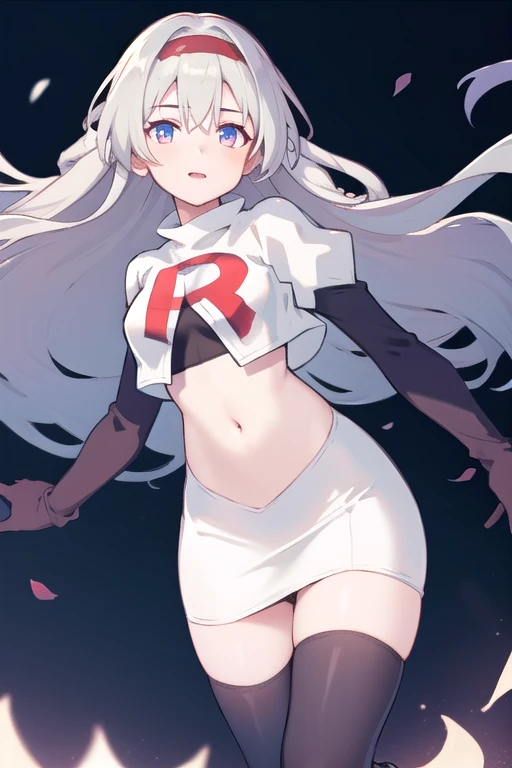 1girl, firefly \(honkai: star rail\), solo, hairband, hair ornament, cowboy shot, floating hair,  depth of field, team rocket,team rocket uniform,white skirt,red letter R,crop top,black thigh-highs,black elbow gloves