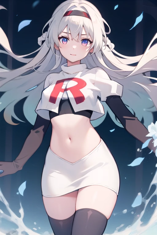 1girl, firefly \(honkai: star rail\), solo, hairband, hair ornament, cowboy shot, floating hair, depth of field, team rocket,team rocket uniform,white skirt,red letter R,crop top,black thigh-highs,black elbow gloves