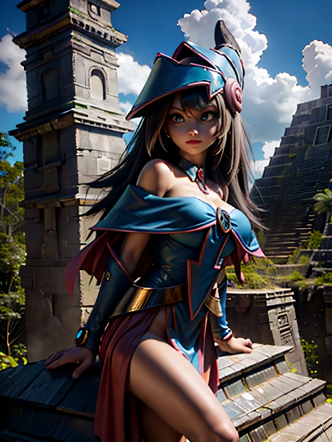 Maga oscura en una ruinas mayas del gran jaguar en Tikal. Ella las sobre vuela. She is in the Aires and sees some Mayan ruins Tikal.
