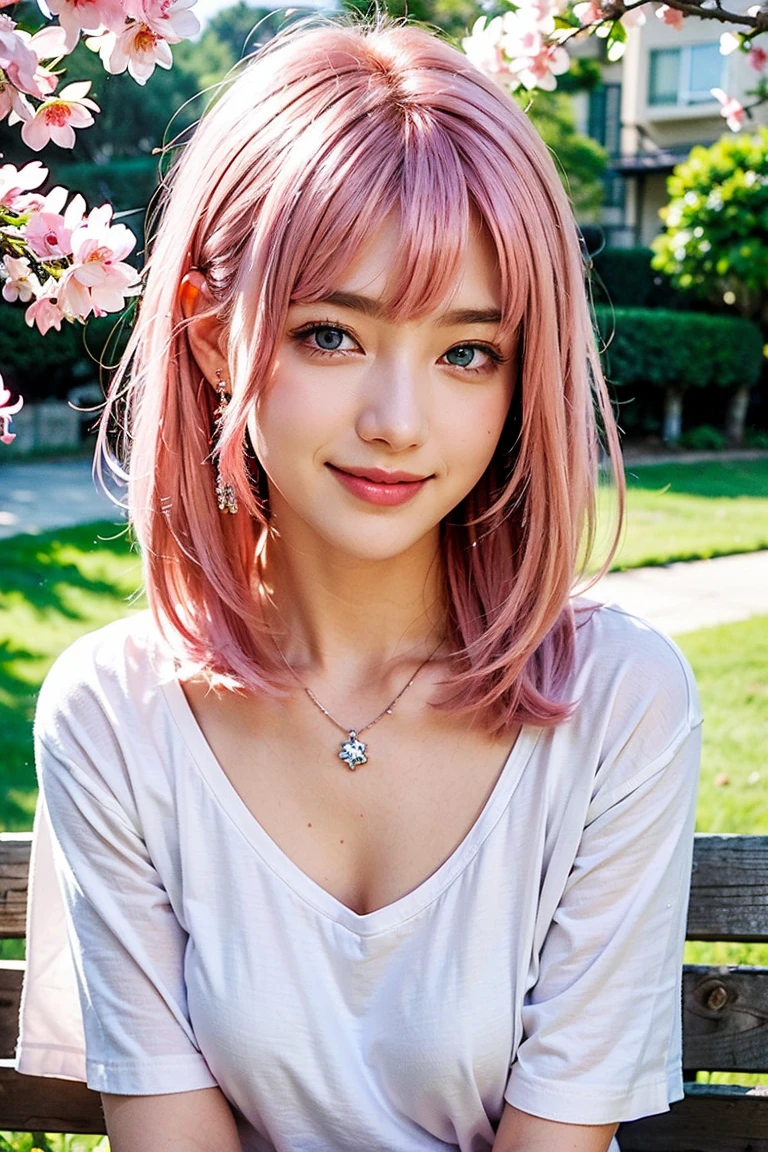 Save this image、Pale face and eyes:1.3、薄くてPale face and eyes:1.3, blue eyes:1.3、{highest quality}, {{masterpiece}}, {Very delicate and beautiful}, Extraordinary light and shadow, Highly detailed wallpaper, Sunny and bright, whole body, whole body、 1 girl, , blush:1.2、(Bushy pink hair:1.5)、Cut your bangs evenly at eyebrow height:1.5、Dark eyeliner、Thick eyebrows、Heavy makeup、Strong sunlight:1.5, (White T-shirt)、 Delicate Hair,Realistic skin texture, B cup breasts、Visible wrinkles on the skin., Broad shoulders:1.5, ((A strong light shines on your face:1.5))、necklace、ring、earrings、(Smiling with teeth showing:1,5)、Background of a park with cherry blossoms in full bloom:1.5, Ray Tracing、Sit on a bench:1.5