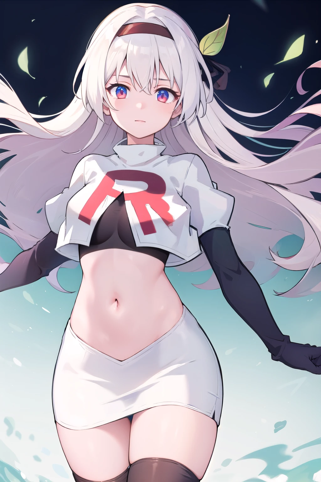 1girl, firefly \(honkai: star rail\), solo, hairband, hair ornament, cowboy shot, floating hair,  depth of field, team rocket,team rocket uniform,white skirt,red letter R,crop top,black thigh-highs,black elbow gloves