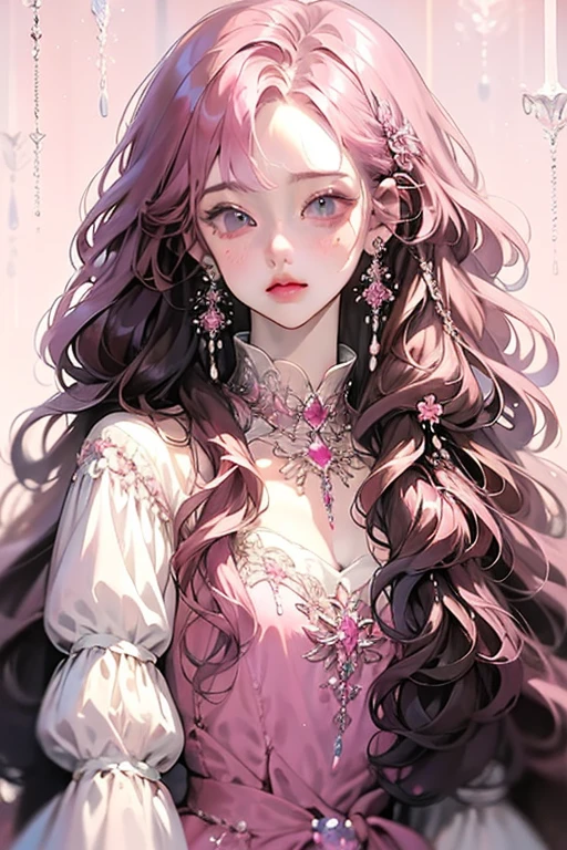 Anime girl posing for photo with long pink hair and earrings, an anime drawing inspired by Yanjun Cheng, Pisif, Fantasy art,Pink flowing hair, Long pink curly hair, Guviz, a beautiful anime portrait, Guviz-style artwork, in the art style of bowater, Anime girl with long hair, Pink wavy hair, Beautiful anime style