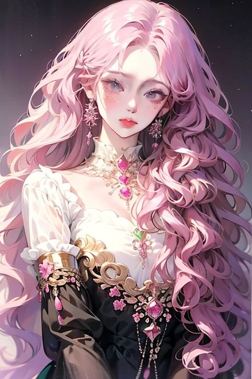 Anime girl posing for photo with long pink hair and earrings, an anime drawing inspired by Yanjun Cheng, Pisif, Fantasy art,Pink flowing hair, Long pink curly hair, Guviz, a beautiful anime portrait, Guviz-style artwork, in the art style of bowater, Anime girl with long hair, Pink wavy hair, Beautiful anime style