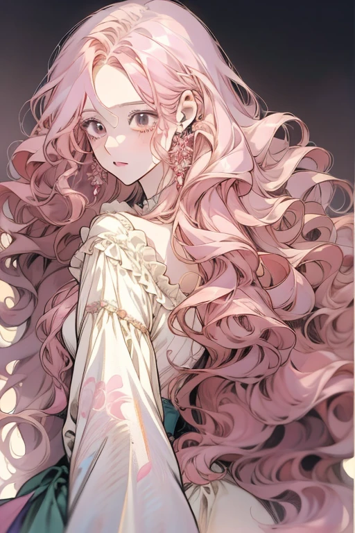 Anime girl posing for photo with long pink hair and earrings, an anime drawing inspired by Yanjun Cheng, Pisif, Fantasy art,Pink flowing hair, Long pink curly hair, Guviz, a beautiful anime portrait, Guviz-style artwork, in the art style of bowater, Anime girl with long hair, Pink wavy hair, Beautiful anime style