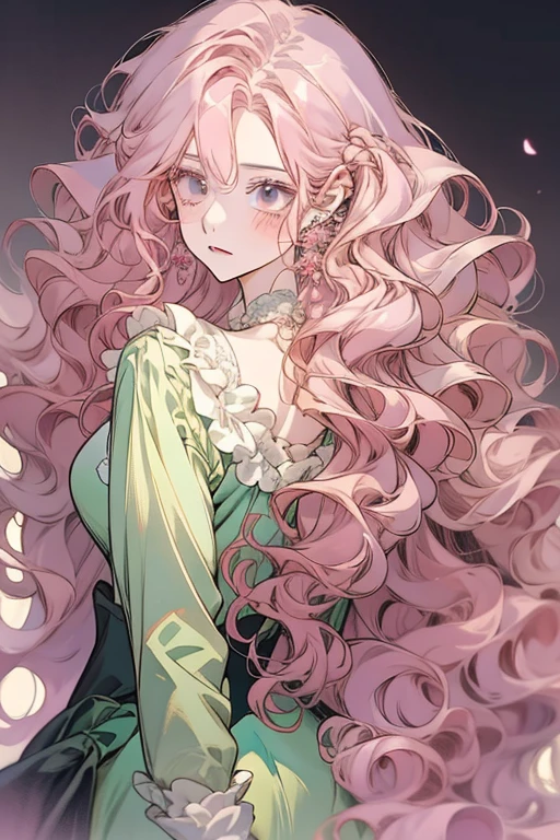 Anime girl posing for photo with long pink hair and earrings, an anime drawing inspired by Yanjun Cheng, Pisif, Fantasy art,Pink flowing hair, Long pink curly hair, Guviz, a beautiful anime portrait, Guviz-style artwork, in the art style of bowater, Anime girl with long hair, Pink wavy hair, Beautiful anime style