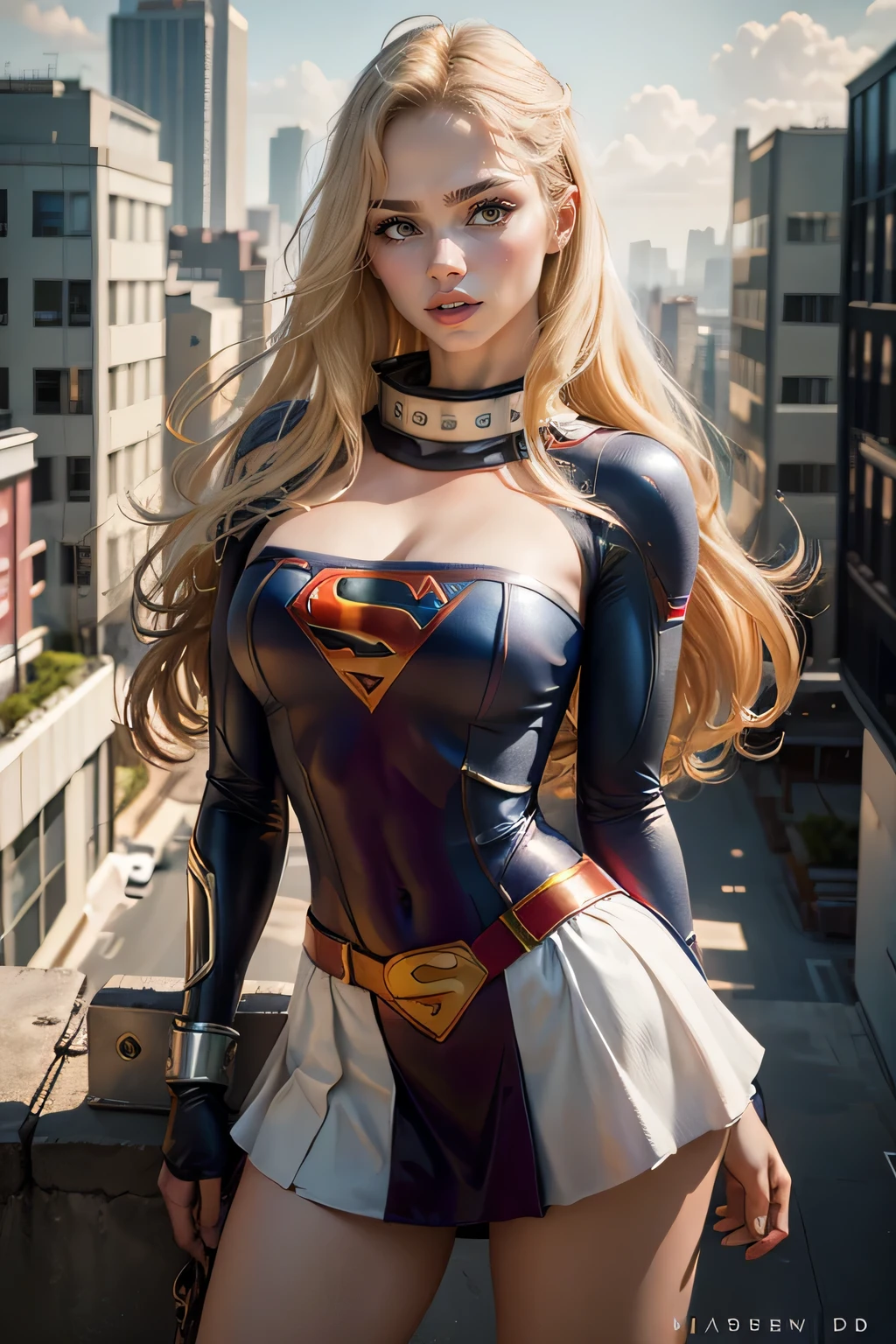 ((best quality, masterpiece, absurdress) , supergirl , 19 years old,long blonde hair, voluminous hair, loose hair, blue expressive eyes,huge breasts, supergirl wearing korean , terrace of a building, view of other buildings ,day