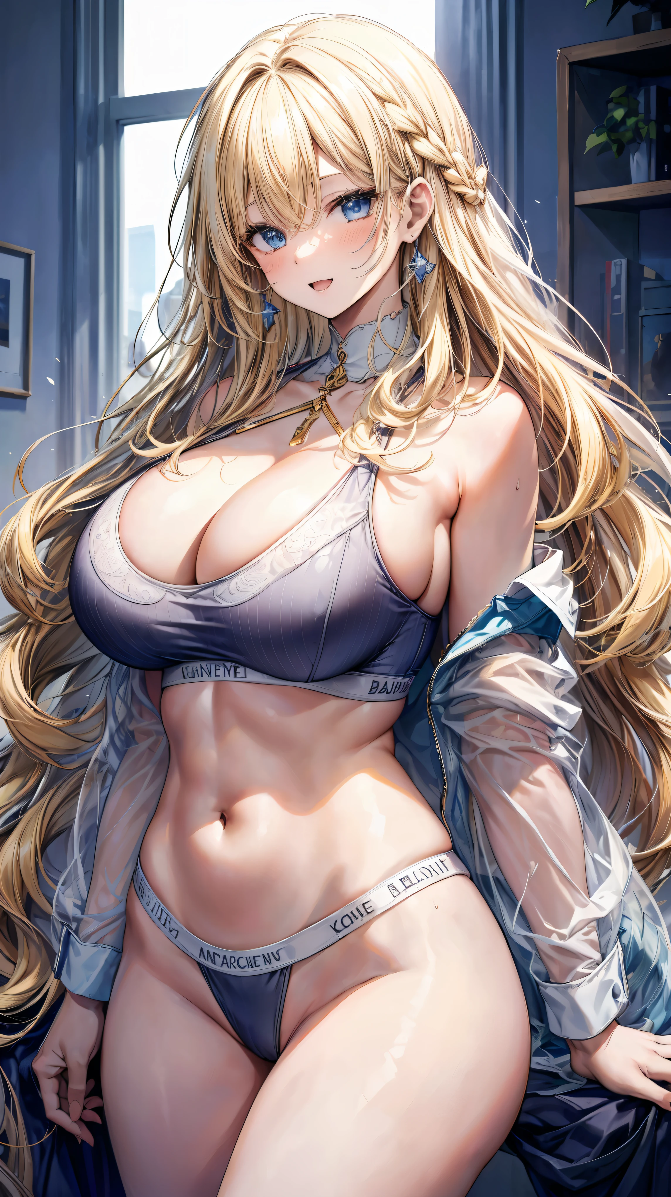 Super detailed、highest quality、Best image quality、masterpiece、8K、Anime Face、A kind smile、Open Mouth、Sparkling Blue Eyes、(Long blonde wavy hair:1.5)、(SFW huge body:1.3)、Cowboy Shot、(Wearing a white thong:1.5)、Muscles of the whole body、(In underwear:1.5)