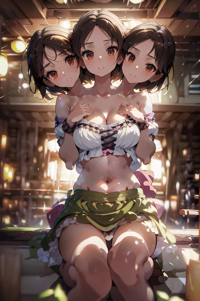 (masterpiece, best quality), best quality, (ultra-detailed), (3heads:1.5), 1girl, (Yatsuhashi Tsukumo:1.3), masterpiece, best quality, ultra quality, ultra resolution, ultra detail, white top, crop top, ((stomach)), midriff, ((groin)), black skirt, normal ears, shackles, brown hair, very long hair, wavy hair, sidelocks, brown eyes, parted lips, sweat, cute, toned belly, hand on own chest, eyelashes, (24 year old woman:1.3), (masterpiece:1.5), (best quality:1.5), (beautiful detailed), extremely detailed CG, extremely delicate and beautiful, depth of field, (finely detailed face), (perfect details:1.2), (mature female:1.3), wide pelvis, slender, large veiny breast, 16k resolution, highres, very high quality, very high definition, extremely detailed, masterpiece, brown hair, long hair, alluring presence, braid, short skirt, close up, big tits, young, magenta headband, headband,