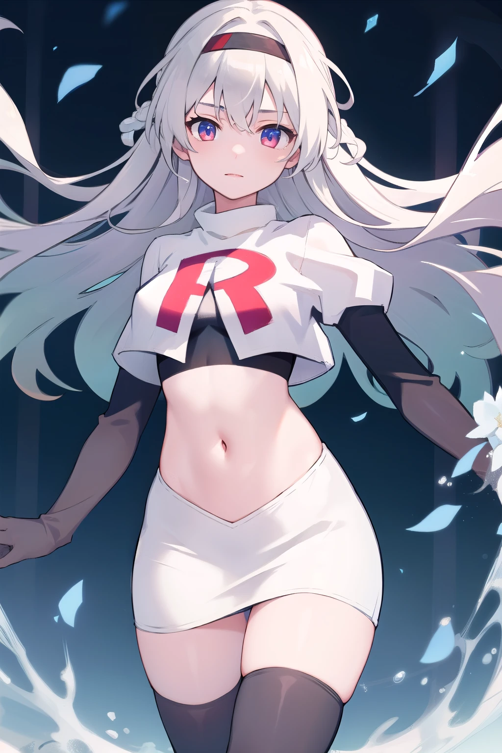 1girl, firefly \(honkai: star rail\), solo, hairband, hair ornament, cowboy shot, floating hair, depth of field, team rocket,team rocket uniform,white skirt,red letter R,crop top,black thigh-highs,black elbow gloves