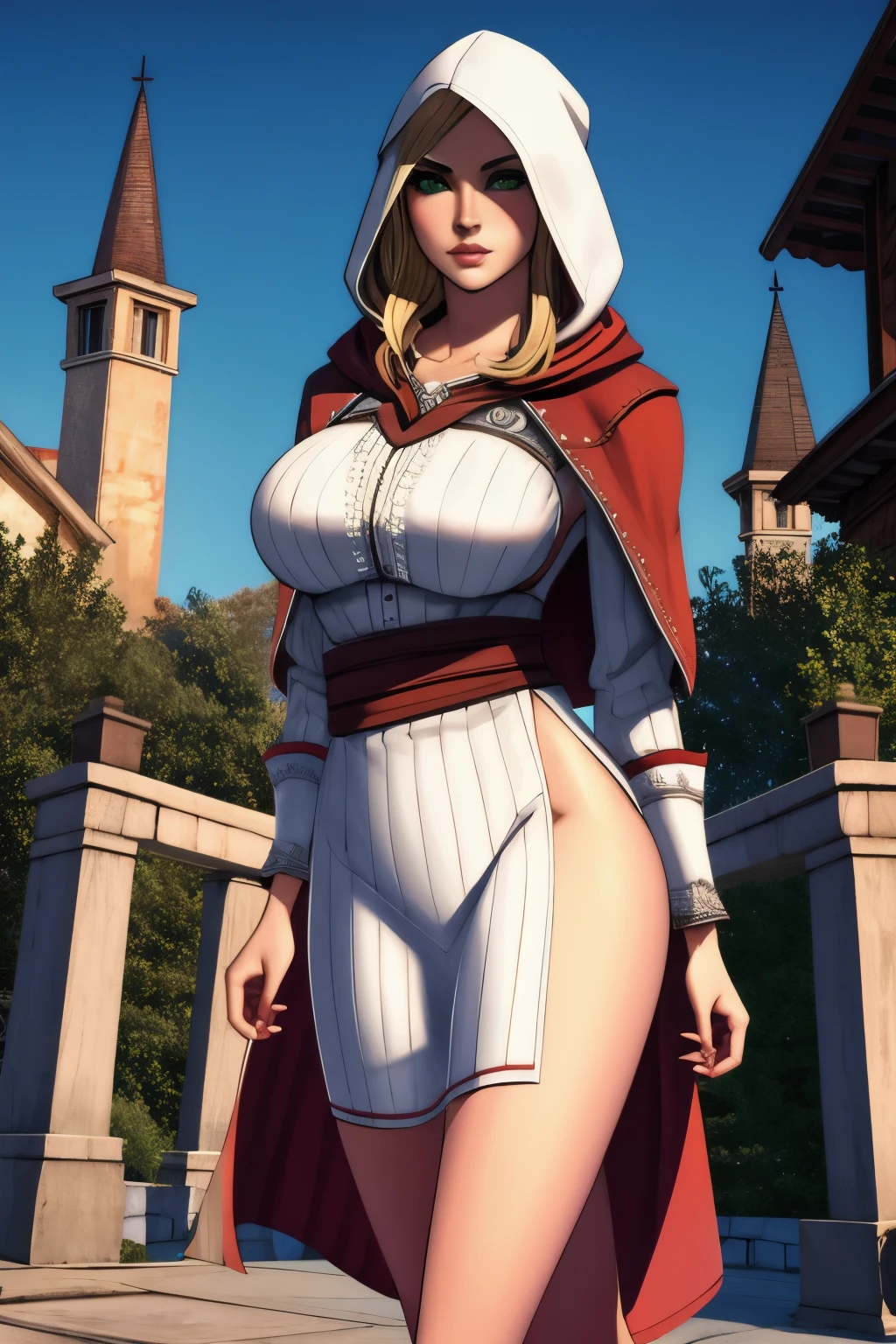 Elizabeth Olsen, 1girl, (((((assassin's creed clothes)))), (((cape and gloves))), (((ankle bracelets on body))), ((female rouge assassin)), (((female assassin))), feminine, beautiful female assassin, high res, stockings, assassin's creed (front view), lingerie, tiny lace lingerie, red lingerie, ((outside)), sexy pose, (((Inciting , horny woman))), ((tiny thong)), perfect hands, (((perfect fingers))), sexy woman, sexy smile, perfect eyes, (((((realistic hands))))), ((((perfect anatomy)))), thick body, wide hips,  ((womanising smile)), (thick thighs),Maximoff, brown hair, Magic, red magic, Maximoff, cleavage, brown hair, (erotic lingerie: 1.2), lace lingerie, choker, wavy hair, very long hair, huge boog ass)), ((peachy ass)), ((round ass)), skinny waist, long legs, vibrant colors, Rnatin, glowing, cleavage, cape, gloves, brown hair, blue eyes