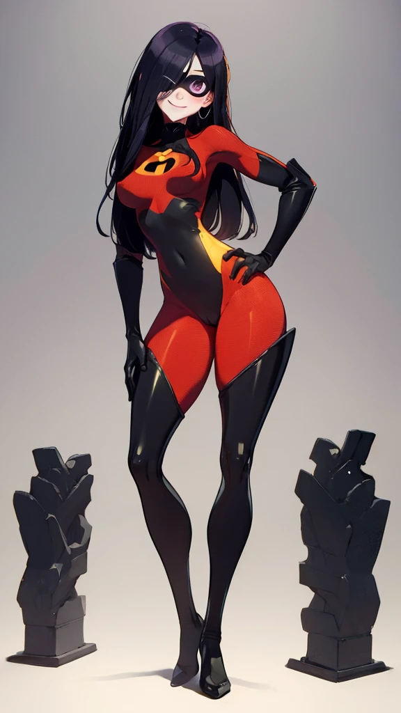 (full body),masterpiece, highest quality, One girl, Violet Par, mask, Long Hair, Black Hair,  Hair on one eye,  (Hero Suit)，Bodysuits，Thick thighs，Place one hand on hip，Stand upright，View your viewers, smile, Simple Background 