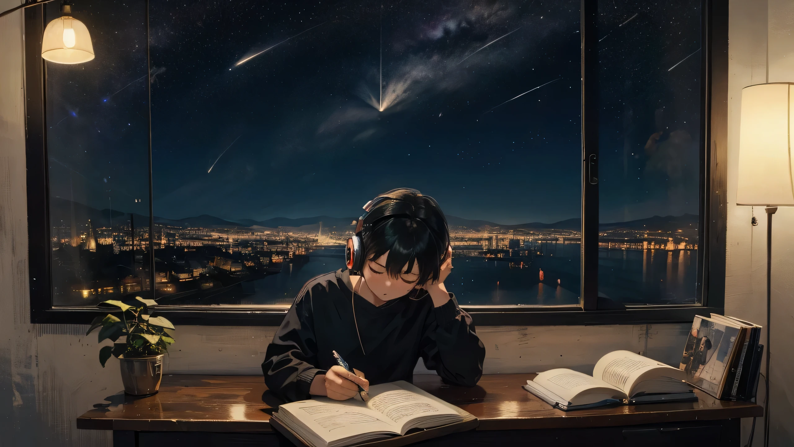 Generates an image of a Korean-style man studying at a desk with a pen。The room is dark、Only the desk lamp is on。The man is wearing headphones。There is a large window in the background.、From there you can see the beautiful night view of the city.。