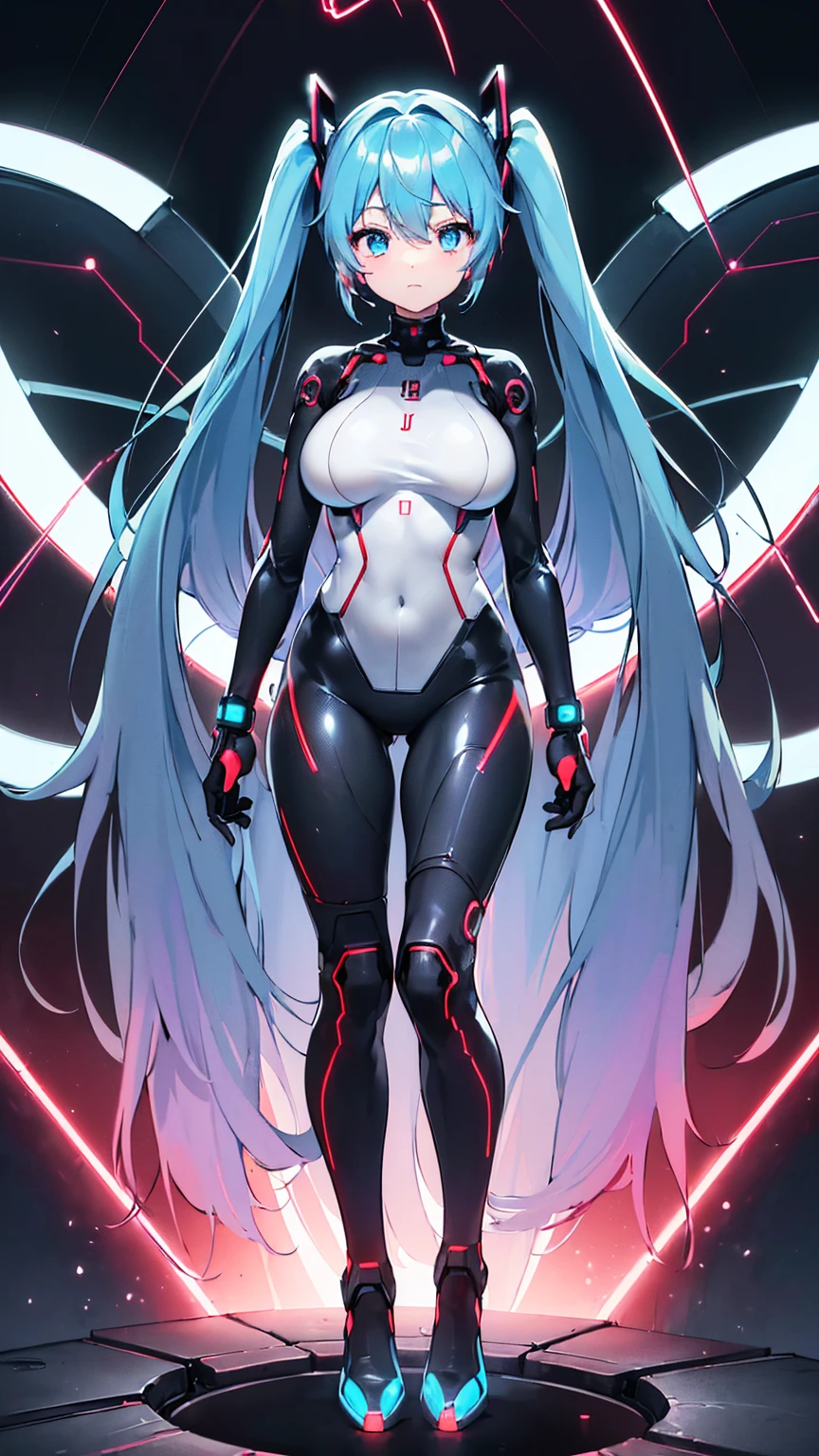 {{1 female},{{{{{Tabletop++, Highest quality++, Super detailed+, Ultra-high resolution,(Realistic:1.4)Cowboy Shot,Hatsune Miku, (vocaloid)RAW Photos,(Hatsune Miku)+,(Hatsune Miku)+, (vocaloid) Expressionless, Light blue hair, Red eyes ,clavicle, Twin tails, ((Black Bodysuit:1.6)),so beautiful, Highest quality, Absurd, One Girl, Brainwashed,}}}} Hollow Eyes,(Eyes glow red :1.4)), ((Big Breasts：1.1))、(The shape of the genitals is clearly visible)) cyber punk, Dark Lab, Dark Room,(Neon Light:1.2), (night:1.5), (Stand up and raise your right arm in a salute, Place your left hand on your hip)