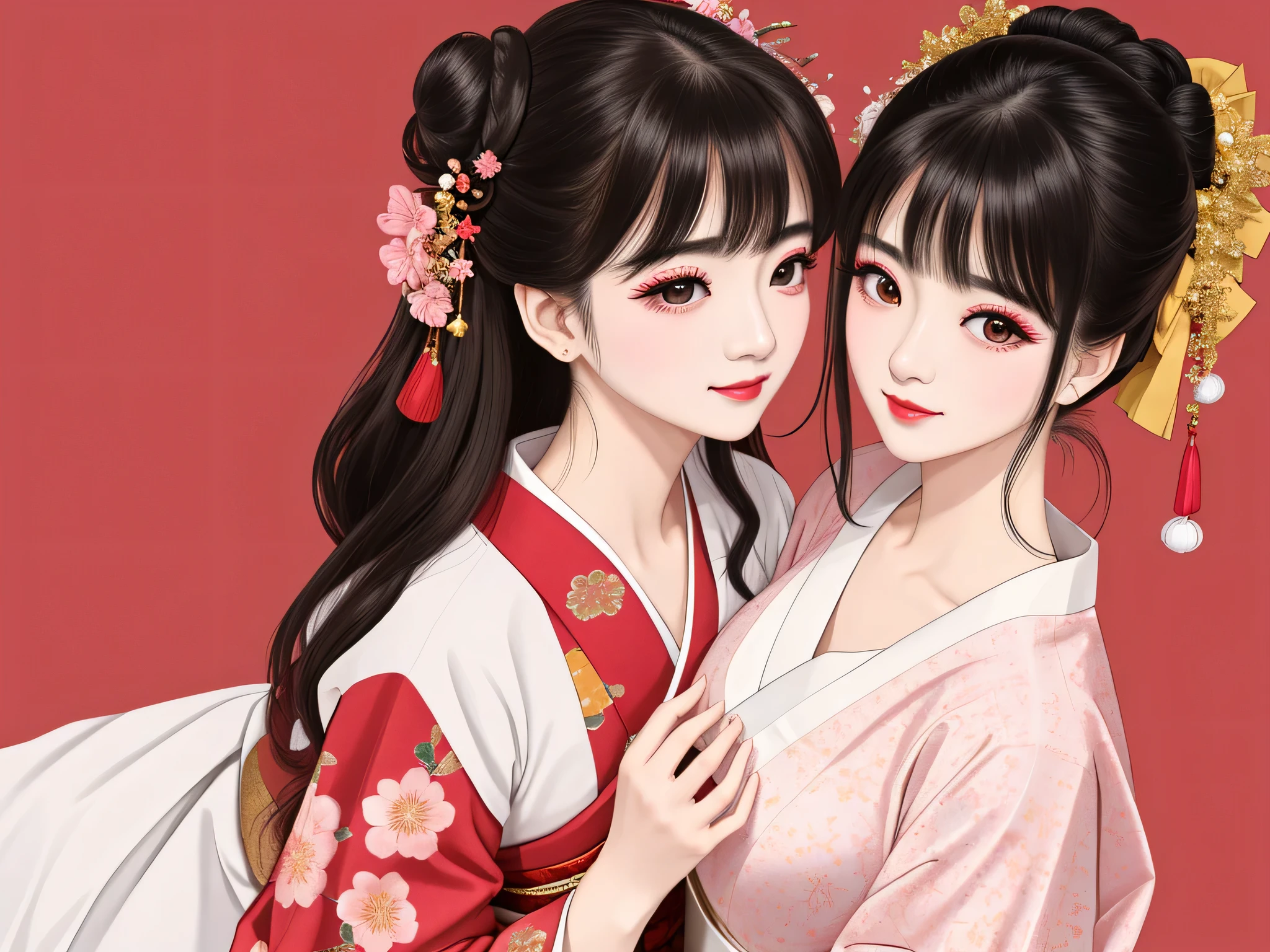 Each has a different expression2People and sisters、(2 girls)、⦅Dancing traditional arts with grace)、((Big Breasts、Small Face、Not exposed))、highest quality、masterpiece、(Black Hair、Bun Hair)、Brown Eyes、⦅Wide angle、Angle from above the waist、Pause on the magazine cover、Their gazes are different, gazing into the distance⦆、(8K High Quality、masterpiece、High resolution、Realistic and beautiful light and shadow、(highest quality)、(High Resolution)、(Very delicate and beautiful)、(Beautiful 8k face)、(With a smile、Beautiful eyes)、(Clear skin)、(Soft hair)、(8Head to Body)、(A Japanese style yukata kimono with red, pink and orange floral patterns on a white background, interspersed with gold powder、Wearing a yukata2Beautiful Japanese girls)、((Tanabata decoration background))、((Small Face))、(arms up)、Thin and small nose、(Red lipstick)、(Make your cheeks red)、(Glossy skin)、((Ink painting style))、Very thin eyebrows、Overall ultra-high image quality、(She is wearing maiko-style makeup.)、Whitening、Long and beautiful eyelashes、Glowing Skin、(Red cheeks),Straight nose、masterpiece、highest quality、whole body、 Eyebrows visible through hair、Bun Hair、Grin、Gal、Gal、Viewer's Eyes、Plaid、Stylish、woman、fine、Pause、
Waiting to start