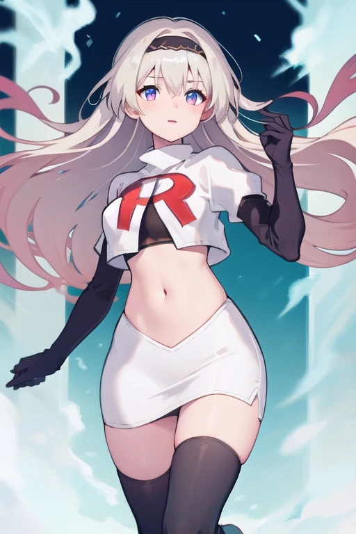 1girl, firefly \(honkai: star rail\), solo, hairband, hair ornament, cowboy shot, floating hair, depth of field, team rocket,team rocket uniform,white skirt,red letter R,crop top,black thigh-highs,black elbow gloves
