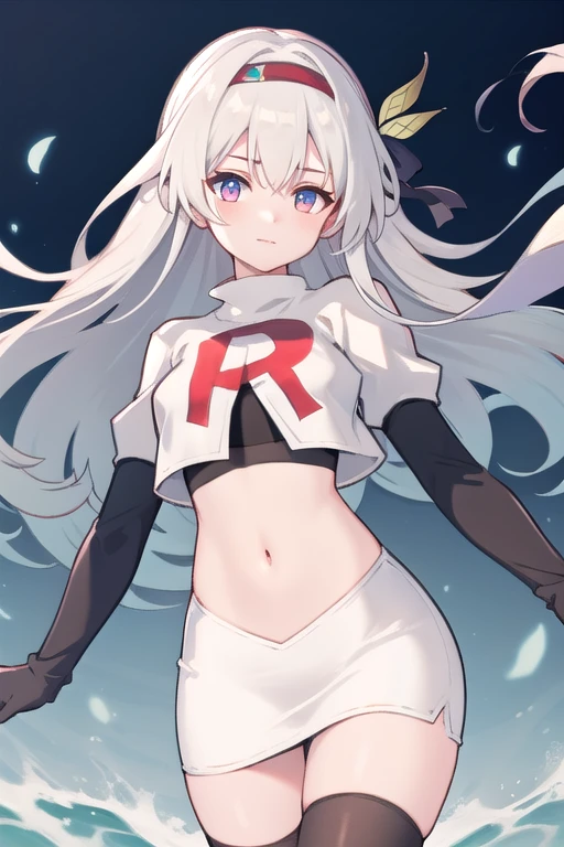 1girl, firefly \(honkai: star rail\), solo, hairband, hair ornament, cowboy shot, floating hair, depth of field, team rocket,team rocket uniform,white skirt,red letter R,crop top,black thigh-highs,black elbow gloves
