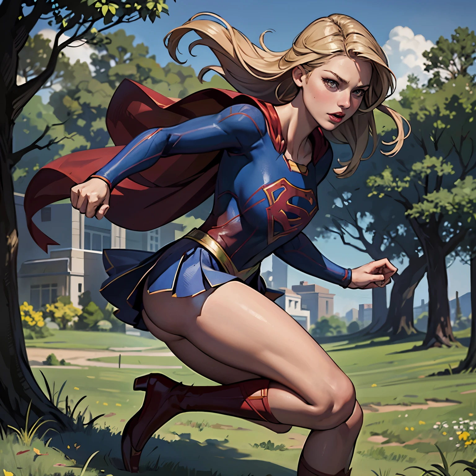 ((highest quality)), ((masterpiece)), (be familiar with), (High definition), (Realistic), (Realistic), (Best Shadow), Low contrast, (Complex:1.4), Side lighting, 8K, ((melissa Benoist)), ((SUPER GIRL)), Perfect Face、Detailed、(Accurate hand and finger depiction)、supergirl women、Blonde、Voluptuous body、Large Breasts、Narrow waist、Big Ass、Alluring、glamorous、(Action Scenes)、(Supergirl kicking her enemy)、sweating、On the grass、in the deep forest、blue sky