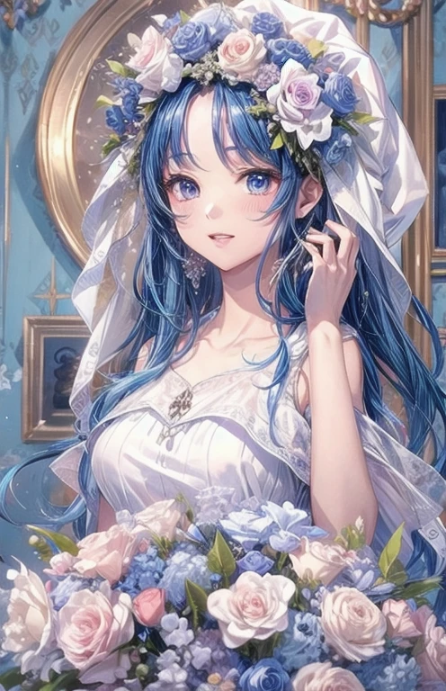 ((highest quality)), ((masterpiece)), (Get used to it), Perfect Face , beautiful girl , Princess , blue , bouquet ,