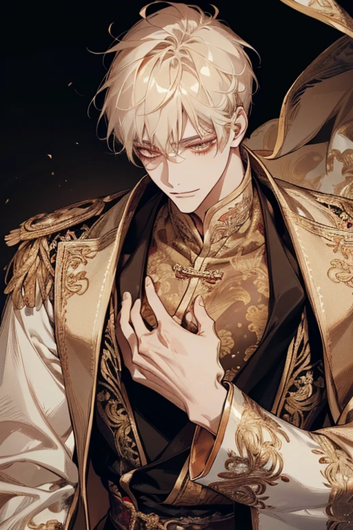 1 male, calm, aldult, Handsome, white short hair, ((golden eyes)),Exquisite facial features details,exquisite eyes, royalties, prince, Wearing black Chinese style clothing,There are gold embroideries on the clothes, Chinese classical palaces, aldult face, close up, Indifferent smile,mild