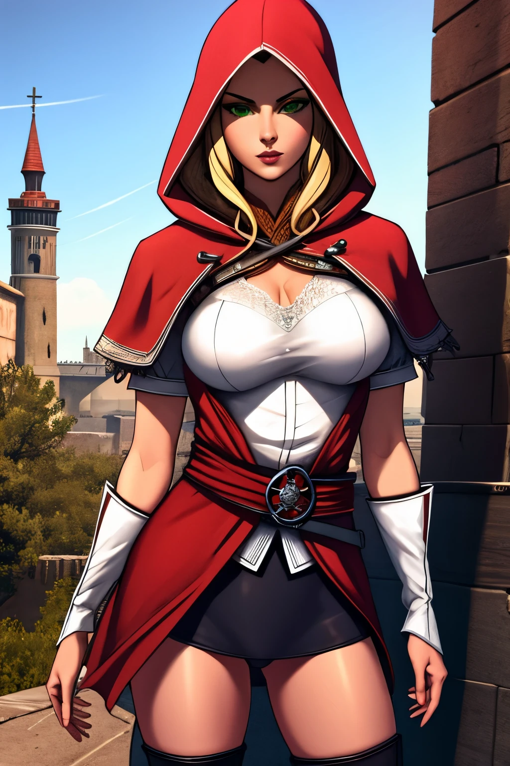 1 chica, alone, young girl, joven, Стиль Assassin's Creed, ropa corta, poca ropa,medias, stockings, botas hasta la rodilla, Pulseras en las piernas, Ciudad medieval al fondo, Renacimiento, muy detallado, Realistic long-term photography., 4k, ropa, poca ropa, pelo largo, long hair, pelo rubio, blonde hair, ojos verdes, green eyes, pechos grandes, pechos, big breast, breasts, hood, capucha,Chica con traje de Assassin's Creed Altair con capucha,hood, Assassin symbol's Creed en la cintura