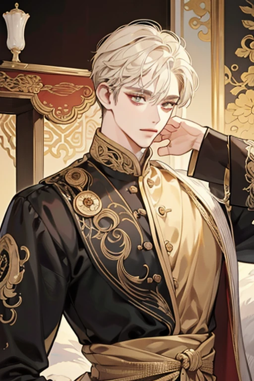 1 male, calm, aldult, Handsome, white short hair, ((golden eyes)),Exquisite facial features details,exquisite eyes, royalties, prince, Wearing black Chinese style clothing,There are gold embroideries on the clothes, Chinese classical palaces, aldult face, close up, Indifferent smile,mild