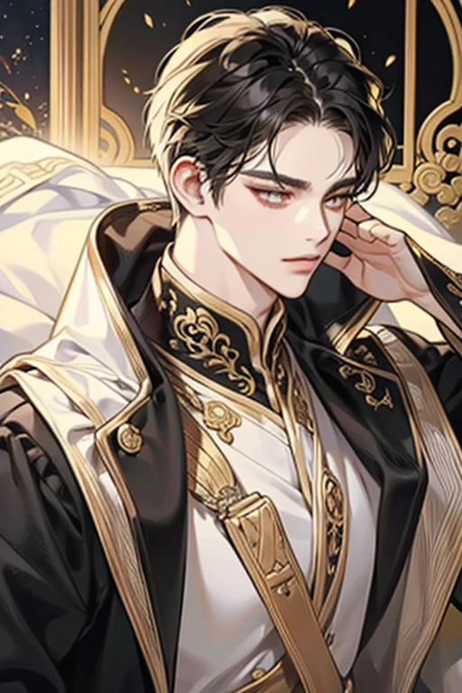 1 male, calm, aldult, Handsome, white short hair, ((golden eyes)),Exquisite facial features details,exquisite eyes, royalties, prince, Wearing black Chinese style clothing,There are gold embroideries on the clothes, Chinese classical palaces, aldult face, close up, Indifferent smile,mild