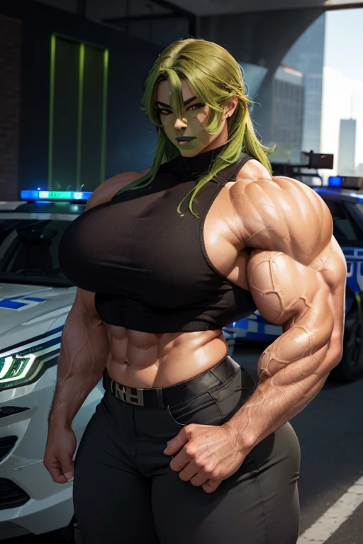 ((((Massive, tall, beautiful, buff, light brown skinned muscular policewoman with green hair, black lipstick, ginormous bulky muscles standing near a police car and wearing a sleeveless police uniform with pants)))), close view, vascular, massive muscles, massive biceps, hyper muscle triceps, (curly long hair), orange eyes, high heels boots, (city surrounded with police cars), evening, closed smile, hyper muscles arms, hyper muscle legs, massively buff arms.