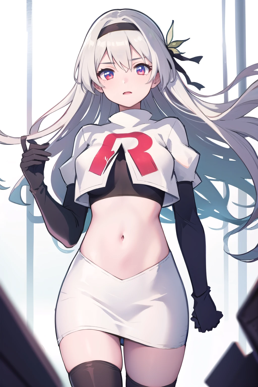 1girl, firefly \(honkai: star rail\), solo, hairband, hair ornament, cowboy shot, floating hair,  depth of field, team rocket,team rocket uniform,white skirt,red letter R,crop top,black thigh-highs,black elbow gloves