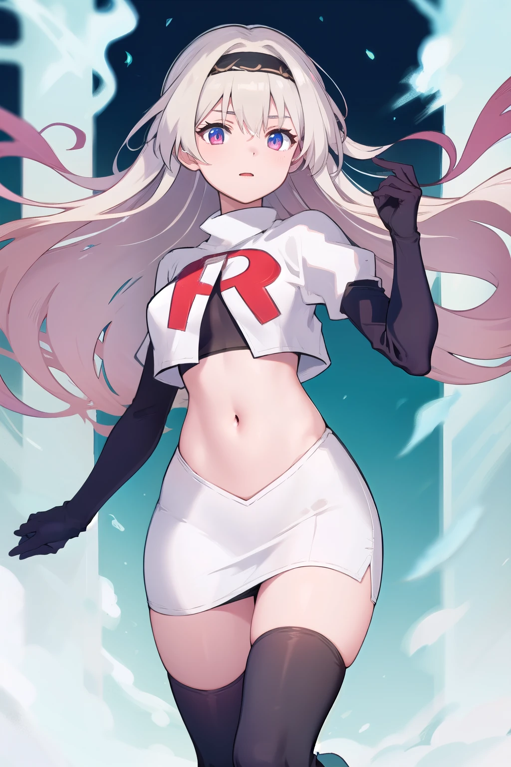 1girl, firefly \(honkai: star rail\), solo, hairband, hair ornament, cowboy shot, floating hair, depth of field, team rocket,team rocket uniform,white skirt,red letter R,crop top,black thigh-highs,black elbow gloves