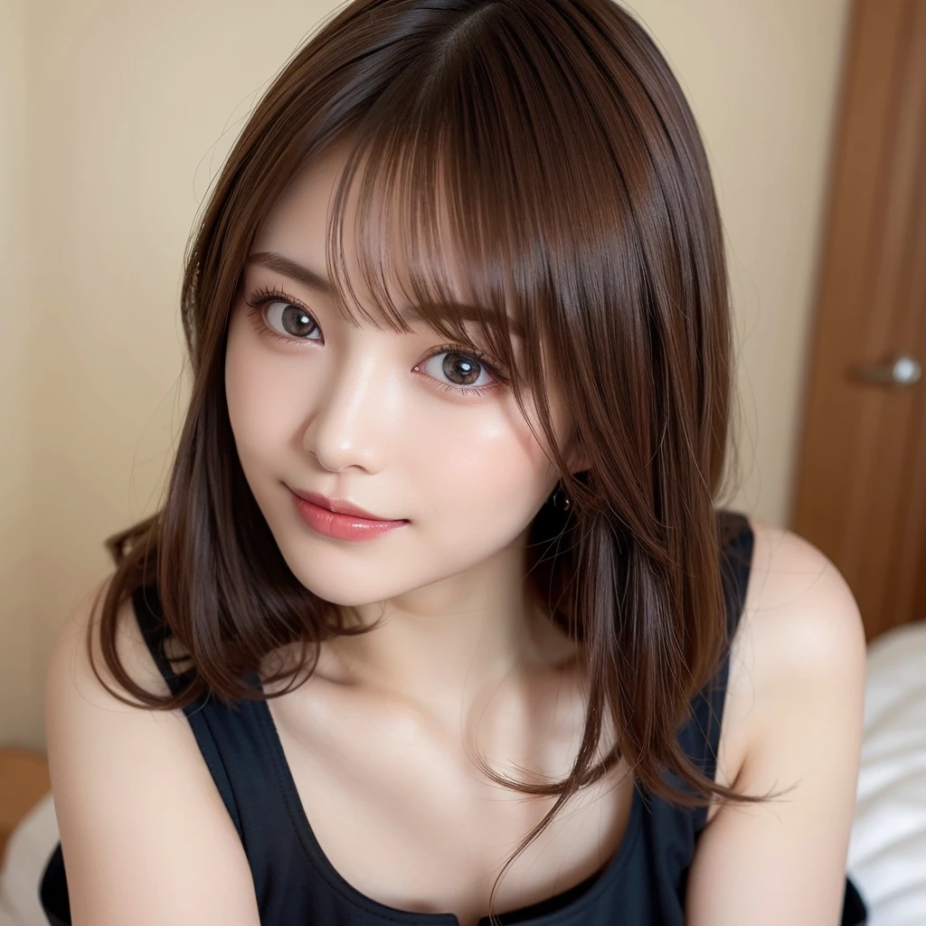 (Highest quality:1.5), (Realistic:1.5), (1 person:1.5), (crop top navel), (all fours), Seductively Posing, very detailed, okay, high resolution, 8k wallpaper, perfect dynamic composition, upper body, small breasts, natural colored lips, cute smile, Japanese woman, 20 year old girl, beautiful and classy face, perfect and beautiful face, beautiful and okay eyes, big eyes, brunette eyes, Beautiful and elegant face, perfect and beautiful double eyelids, natural bangs, beautiful thin nose, beautiful skin, chestnut brown hair, medium bob hair, short cut, natural bangs, perfect and beautiful face, slim face and style, (looking at camera), bright lighting, professional lighting, forward lighting, natural smile, on bed, lace bra and lace panties,