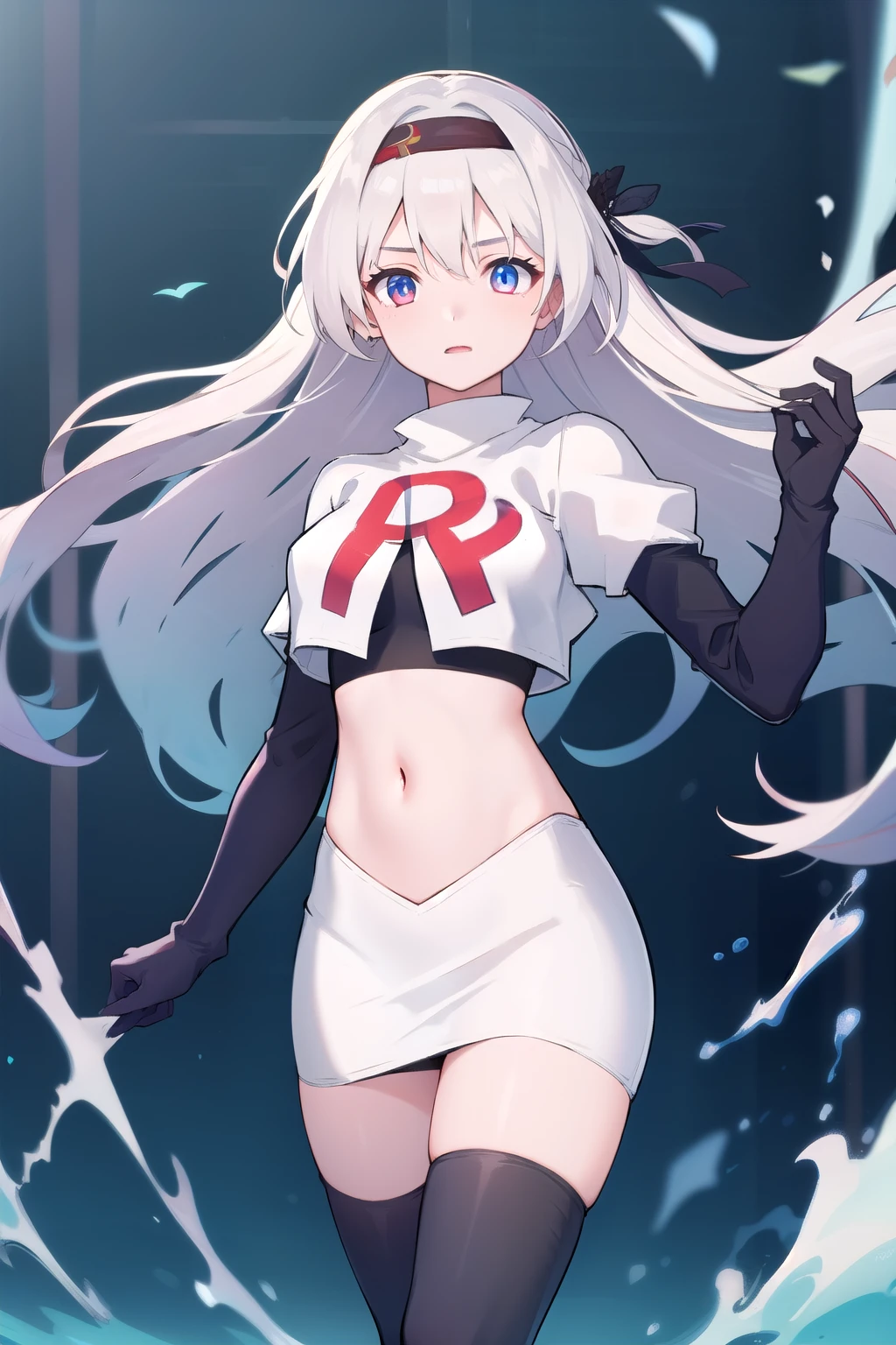 1girl, firefly \(honkai: star rail\), solo, hairband, hair ornament, cowboy shot, floating hair, depth of field, team rocket,team rocket uniform,white skirt,red letter R,crop top,black thigh-highs,black elbow gloves