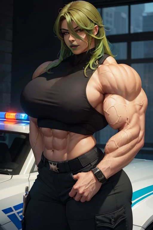 ((((Massive, tall, beautiful, buff, light brown skinned muscular policewoman with green hair, black lipstick, ginormous bulky muscles standing near a police car and wearing a sleeveless police uniform with pants)))), close view, vascular, massive muscles, massive biceps, hyper muscle triceps, (curly long hair), orange eyes, high heels boots, (city surrounded with police cars), evening, closed smile, hyper muscles arms, hyper muscle legs, massively buff arms.