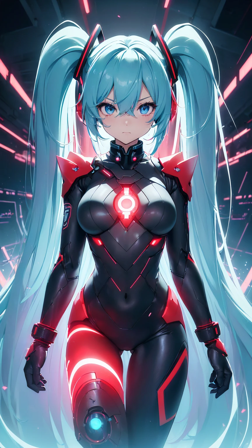 最high quality、Best image quality、masterpiece、Hatsune Miku VOCALOID、、Android Girl((18-year-old、red, A glowing black and blue cyber suit、Blue energy source on chest,Best Bust、Big Breasts、Bust 90、Twin tails、Light blue eyes、Light blue hair、Open your chest wide、valley、happiness、Slender、Shy face、Tight-fitting inner suits、Please stand in front、Countless cable connections throughout the body、Particles of light、Sharp clawed arms))high quality、Beautiful art、background((Research Facilities、Neon color、Cyber World、red lighting))、Tabletop、Exquisite design、Visual Arts、Feature films、depth(The rampaging android army)
